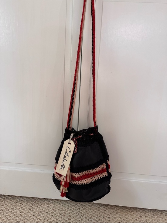 Cleobella Handbags - Cleobella Drawstring Bucket Bag - Black with Red and Cream Stripes nwt
